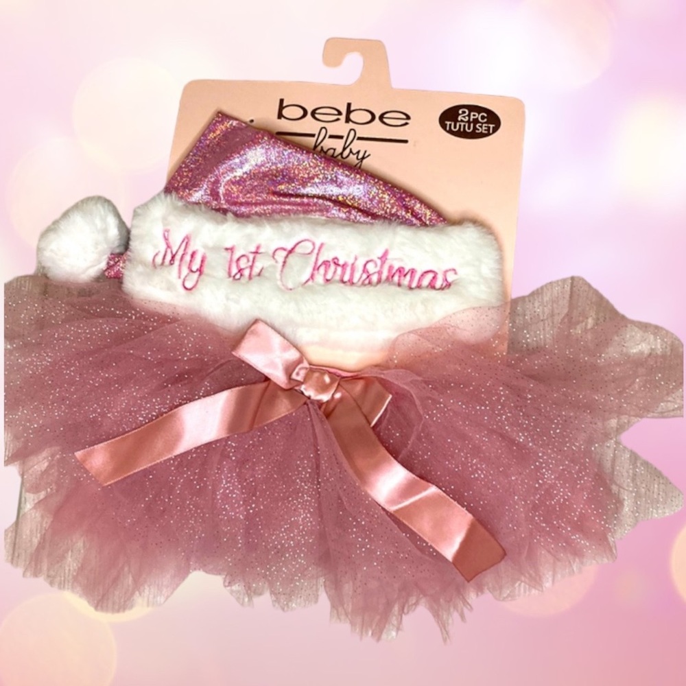 32. HOST PICK! NWT Bebe Baby 2pc Shiny Pink My 1st Christmas Santa Hat & Tutu